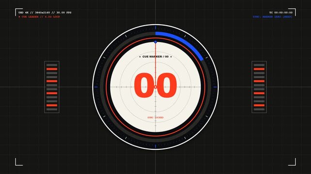 Kinetic Broadcast Leader Countdown Timer with 360 Radial Sweep Invert Mask and Copy Space. Concept of Professional Film Studio Production.