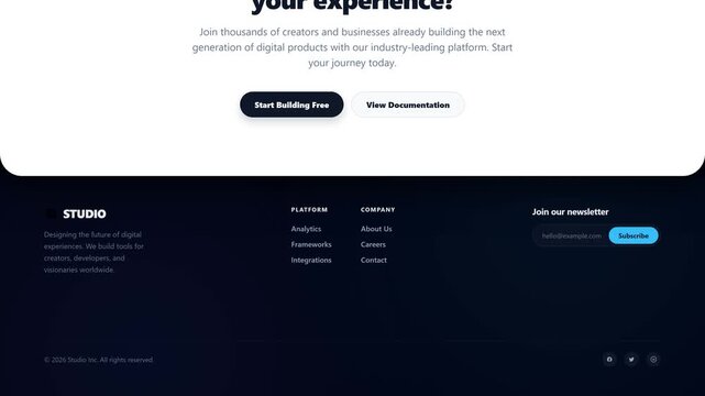 A premium microstock-safe UI animation demonstrating a stunning 3D parallax footer reveal. As the user scrolls to the bottom, the main foreground content elegantly slides upward, pulling away to unvei