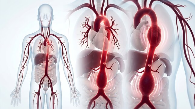 3D Medical Illustration of Human Body Showing Thoracic and Abdominal Aortic Aneurysm and Arteries