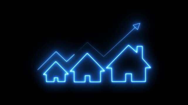 Glowing neon line House under protection icon with up arrow isolated on black background. Video animation of a glowing light drawing a neon outline of houses decreasing in size. House, home building.