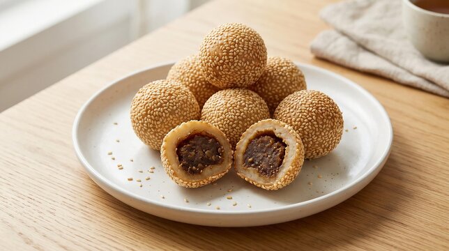 Indonesian traditional snack onde onde fried sesame balls filled with sweet mung bean paste served on white plate