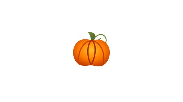 A flat 2D pumpkin popping into the screen with a 110% scale bounce (overshoot) and a light rotational twist, followed by an organic floating idle and a pop out. Mathematically unified shape.