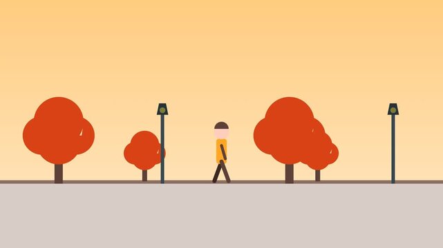 Seamless looping motion graphics scene featuring a simple 2D character walk cycle with parallax background elements of trees and lampposts.