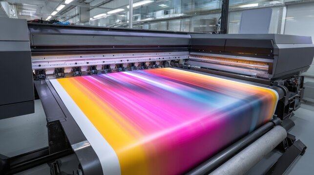 Medium shot of a large format printer in action producing a vibrant oversized poster for promotional advertising
