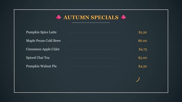 Chalkboard style autumn menu board animation with hand-drawn coffee and pie illustrations appearing via trim paths and organic chalk textures.