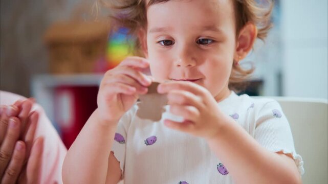Child eats small treat with quiet concentration. Curious eyes follow food as hands gently grasp it. Soft focus background hints at home setting. Ideal for parenting, wellness