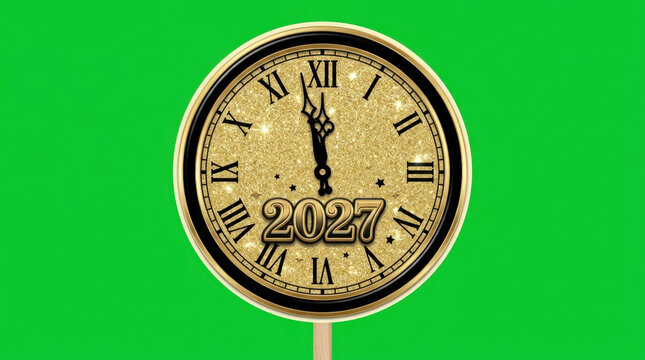 Golden glitter new year 2027 clock showing midnight countdown on green screen background for festive digital composite design.