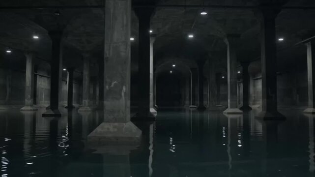 Creepy flooded basement with dark water and concrete pillars