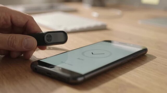 Man syncing fitness tracker band with smartphone app on desk