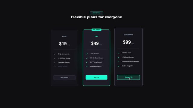 Pricing plan website interface with subscription tiers and cursor clicking button