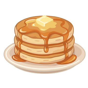 Stack of fluffy pancakes with melting butter and maple syrup on a plate vector illustration