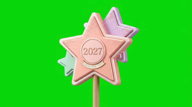 Set of 3d layered pastel star wands featuring 2027 new year text on wooden handle for celebration props over green screen background.