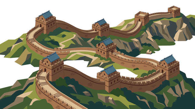 Isometric flat vector illustration of the historic Great Wall of China winding through green mountains and rocky hills, featuring multiple watchtowers with blue tiled roofs and stone paths.