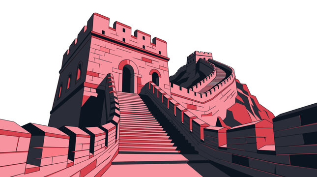 Low angle vector illustration of the Great Wall of China featuring a historic watchtower and winding steps in a modern pink and red graphic art style isolated on a white background.
