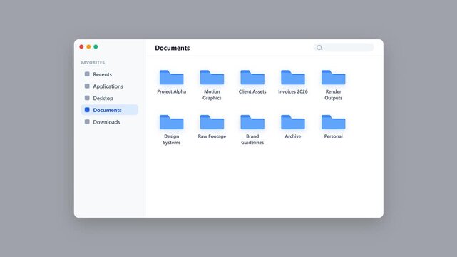 A Finder/File Explorer window slides in from the left, followed by a staggered, sequential fade-in of folder icons inside the main content area.
