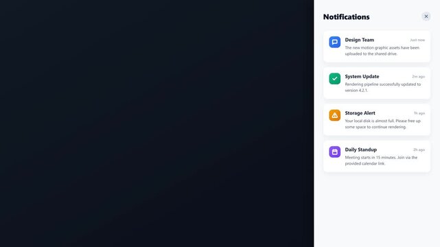 A large notification sidebar slides in from the right edge with a smooth, soft spring easing effect, followed by a staggered reveal of notification ca.