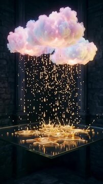 Floating cloud raining golden drops and splashes