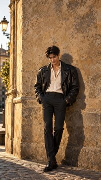 Stylish young man in leather jacket leaning against stone wall
