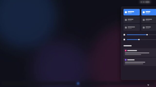 A notification and action center panel slides in fluidly from the right edge with a fast-to-slow easing, while the background gracefully dims with an.