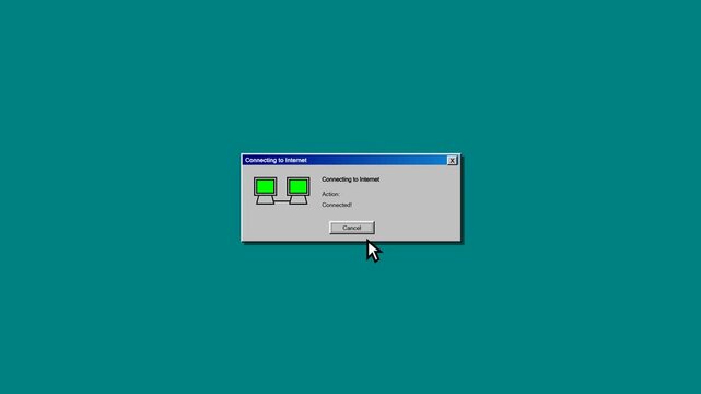 A classic Windows 98 dial-up connection dialog sliding into view, featuring two computer icons blinking rhythmically to simulate data transfer.