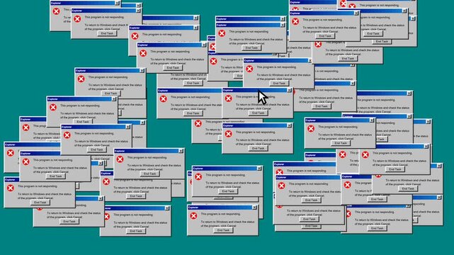A simulation of a classic Windows system freeze where an error dialog box is dragged frantically, leaving a dense, cascading trail of duplicate window.