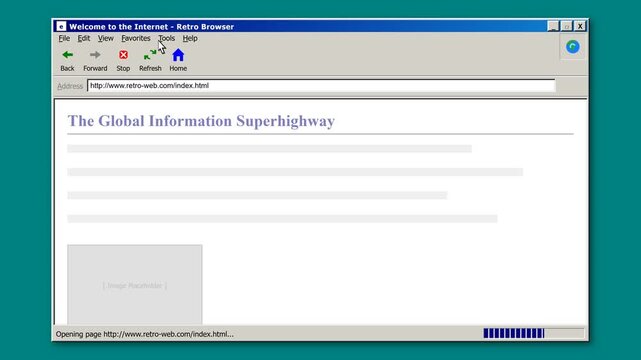 A nostalgic 90s-style web browser interface featuring a cursor clicking the refresh button, which triggers the iconic 3D spinning globe and orbiting r.