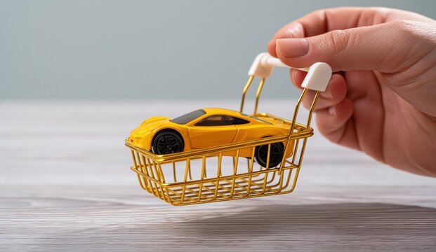 Close up of human hand holding tiny metal shopping basket with yellow toy sports car model on grey wooden surface