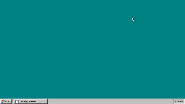 A classic Windows 95/98 wireframe minimize animation. The cursor clicks the minimize button on a generic application window, which instantly vanishes.