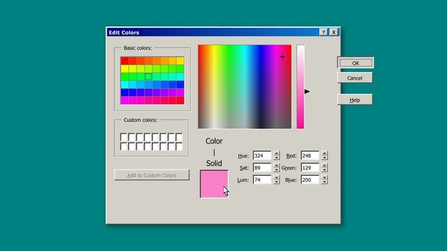 A microstock-safe retro animation simulating the classic Windows 95/XP 'Edit Colors' dialog box. It features a large smooth rainbow spectrum box, a ve.