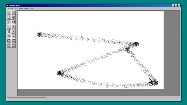 A simulation of the classic MS Paint interface focusing on the Spray Can tool. The button is clicked and depressed, followed by rapid cursor movements.