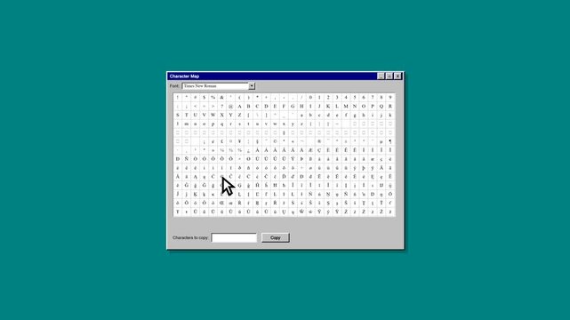 A classic Windows 95 Character Map utility with a dense grid of symbols. Clicking a cell triggers an instant, zero-easing pop-out of a magnified chara.