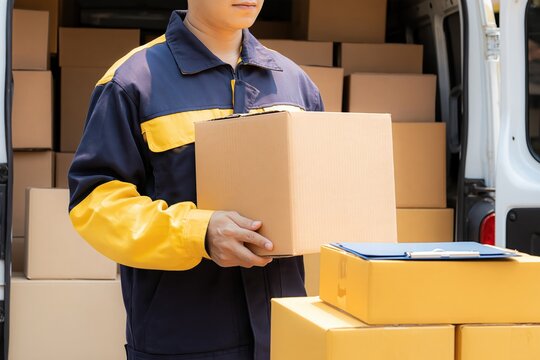 Delivery man in yellow and navy uniform holding cardboard box in front of delivery van filled with shipping packages