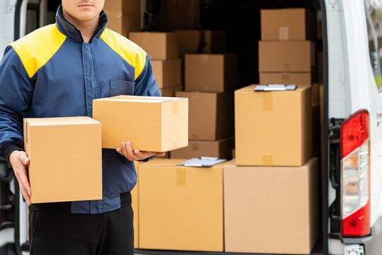 Delivery courier standing in front of delivery van holding cardboard parcels ready for shipping and logistics service