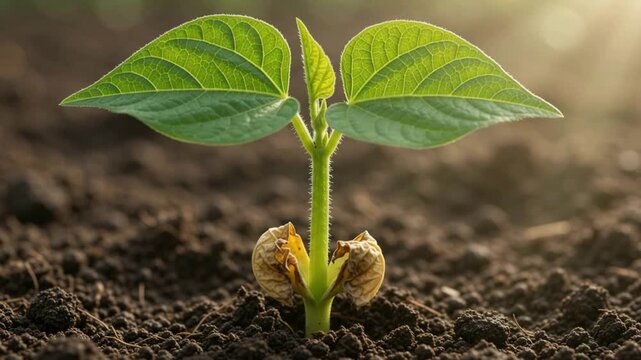 Fresh green bean sprout growing new leaves in soil for agricultural