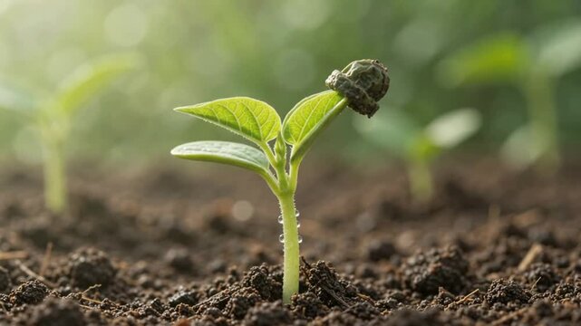 Fresh green bean sprout leaves opening slowly in a dark soil garden