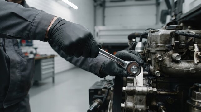 Professional mechanic wearing protective black gloves performing precise engine maintenance using a high quality steel wrench inside a modern automotive service workshop bay