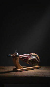 A cured jamon leg on a wooden jamonero stand, simple, rustic and handmade, moody dark background with a single soft highlight