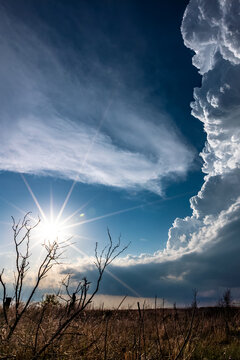 View of dramatic storm clouds and bright sunburst over dry vegetation in an open landscape.