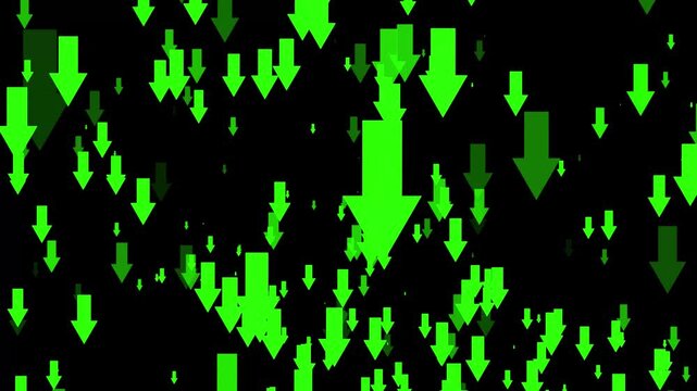 Arrows animated green symbols falling down in 4k on a black background.