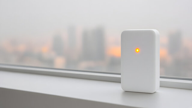 PM2.5 air quality monitor on windowsill with hazy smog city behind