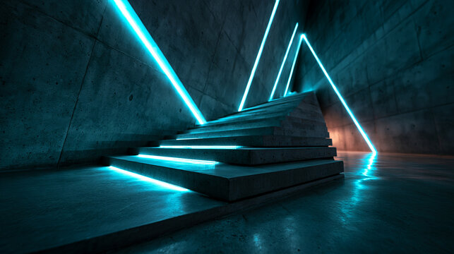 Futuristic Concrete Staircase with Glowing Cyan Neon Lights