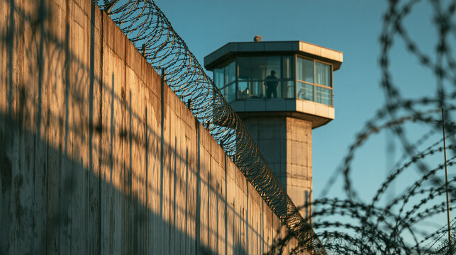 Prison Wall with Barbed Wire and Guard Watchtower