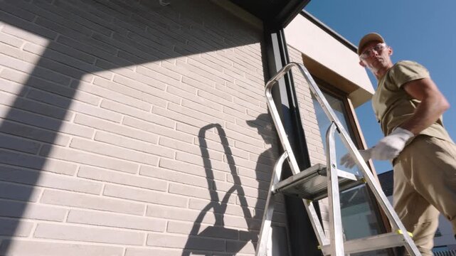 Worker climbing a stepladder beneath a modern metal pergola
