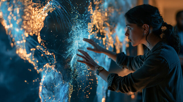 Woman Interacting with Glowing Digital Global Map Interface