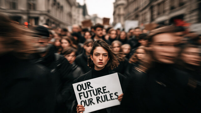 Young Woman Holding Protest Sign in Crowd on City Street