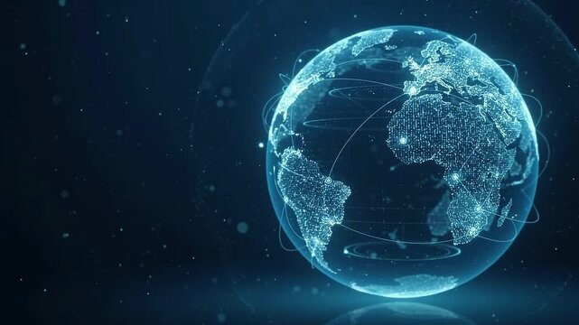 Futuristic Glowing Digital Globe Connected by Neon Data Streams Against Cosmic Space