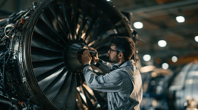Aircraft Engineer Inspecting Jet Engine Turbine in Hangar