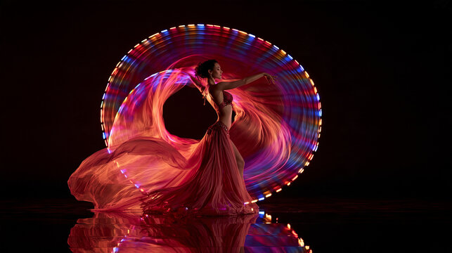 Graceful Belly Dancer Performing with Colorful Light Trails