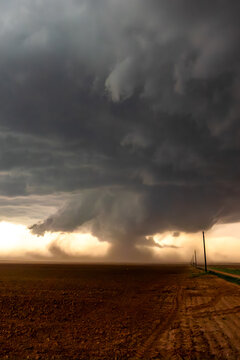 View of a powerful tornado touching down over a vast, barren agricultural field under a dramatic, dark, and swirling supercell storm cloud. World.