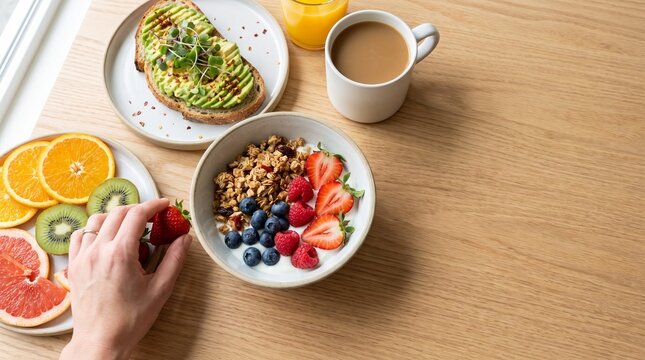 Healthy breakfast spread with yogurt granola bowl, avocado toast, fresh fruit and juice on a wooden table. Top view for nutrition, wellness and food blog content with copy space.